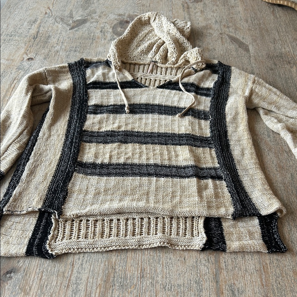 Poof! Beige and Black Hooded V-Neck Sweater